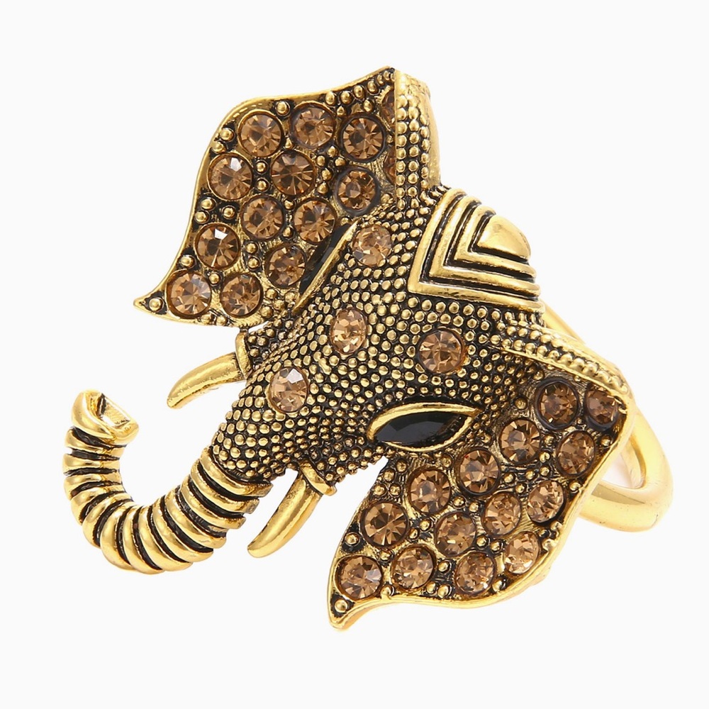 Gold Metal Elephant Rhinestone Napkin Rings - Set of 6